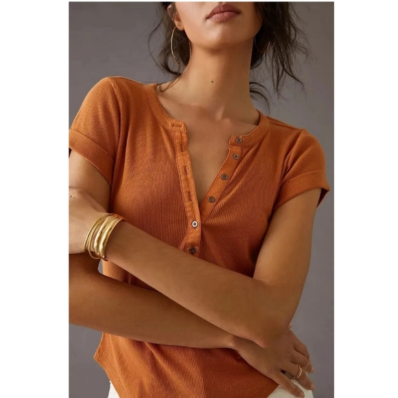 Pilcro Tops - Anthropologie Pilcro Ribbed Henley Tee Blouse Top Solid Buttondown